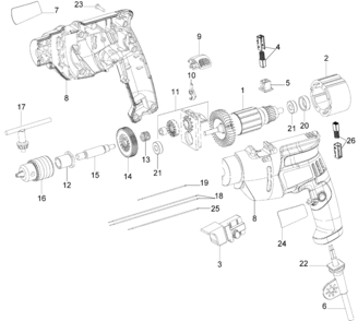 Default Diagram and Parts List for KR508-B3 Type 1 Black and Decker Hammer Drill